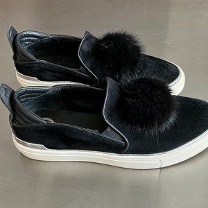 Wishbone Black Suede (leather) Loafers with Rabbit Fur Pom Pom (Size 8.5)